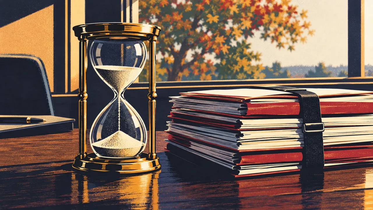 Brass hourglass beside a stack of legal files on a desk in evening light