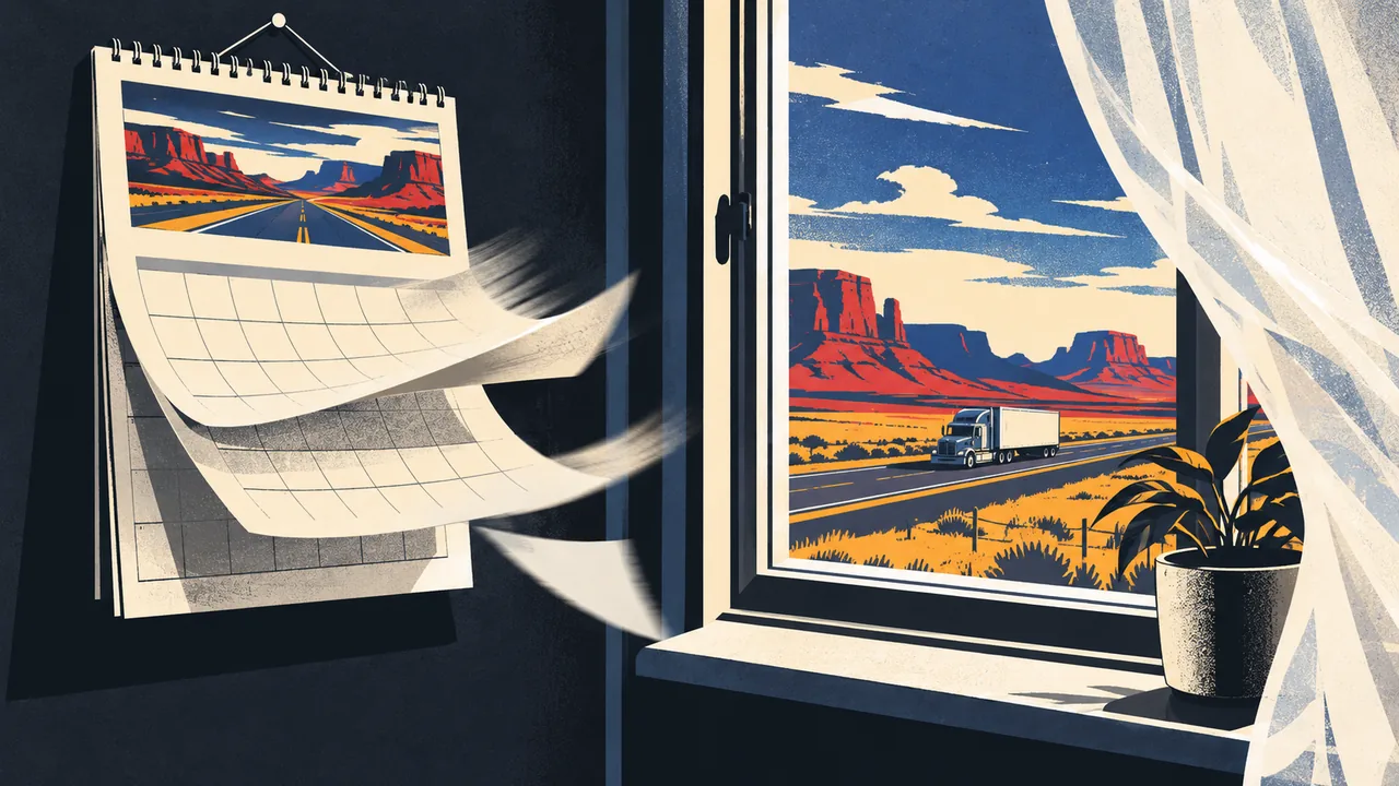Wall calendar with pages lifting in a breeze beside a window
