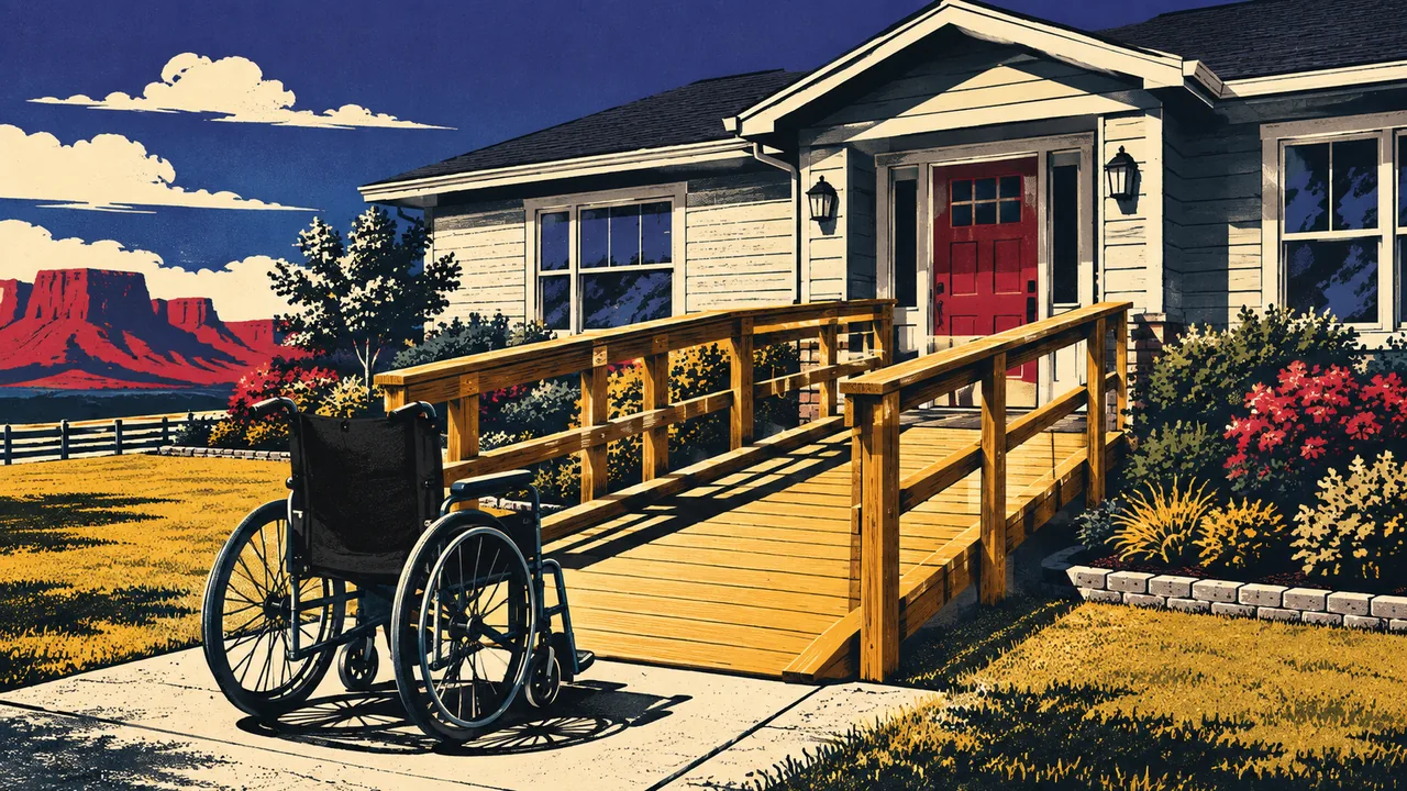 Wheelchair ramp leading to the front door of a home in afternoon light