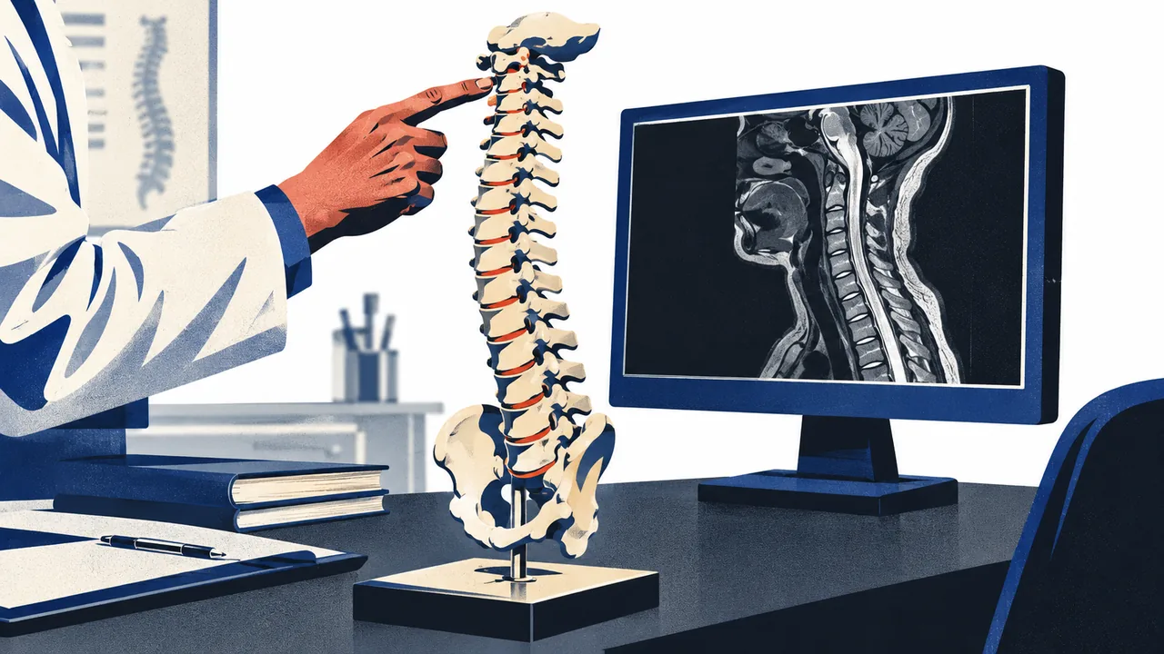 Anatomical spine model on a clinic desk beside a monitor with an abstract spinal scan