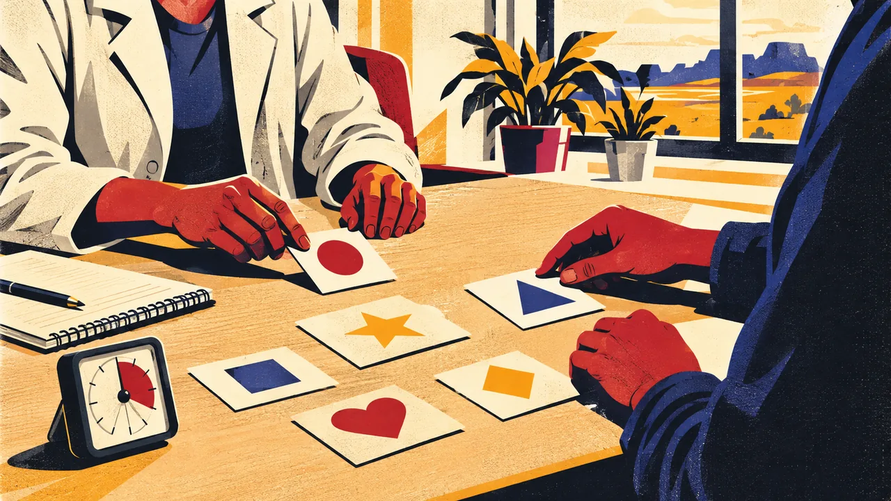 Therapist and patient working with memory cards at a table in a bright therapy room