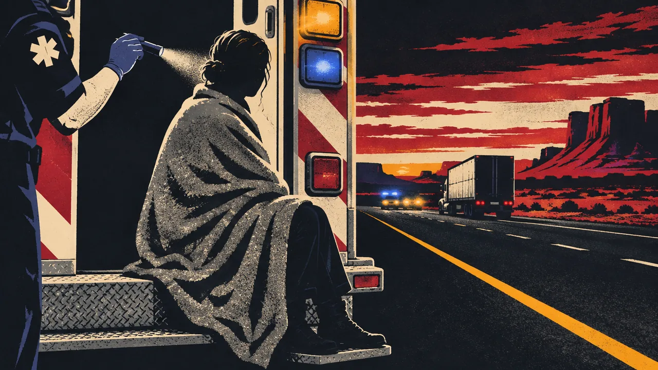 Person sitting on the back step of an ambulance with a blanket, looking fine, at dusk