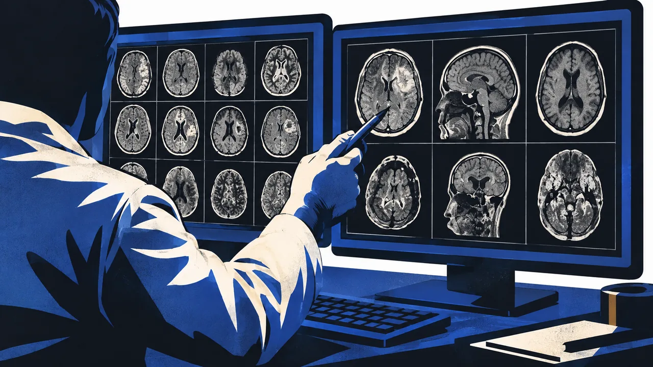 Doctor pointing to brain MRI scans on a monitor in a dim reading room