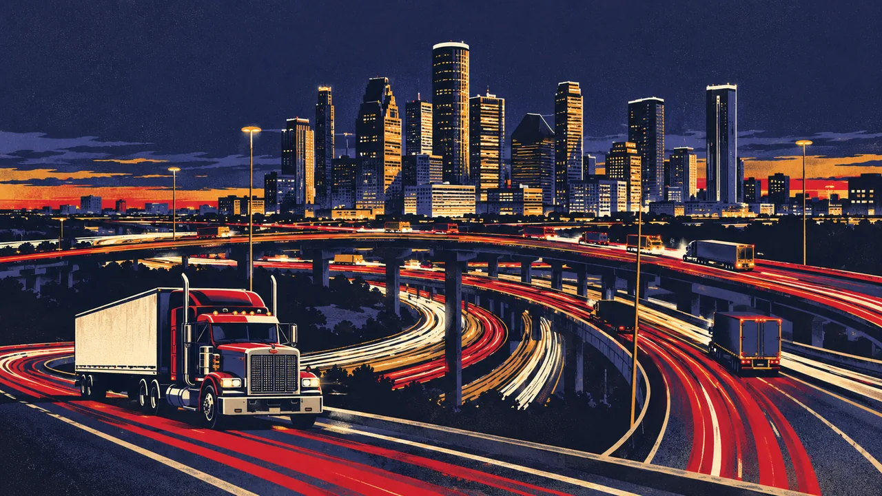 Houston skyline at blue hour behind a freeway interchange with truck light trails
