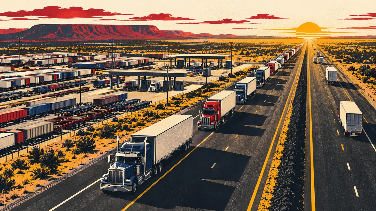 Aerial view of a dense line of cross-border tractor-trailers on the I-35 corridor near Laredo at sunrise