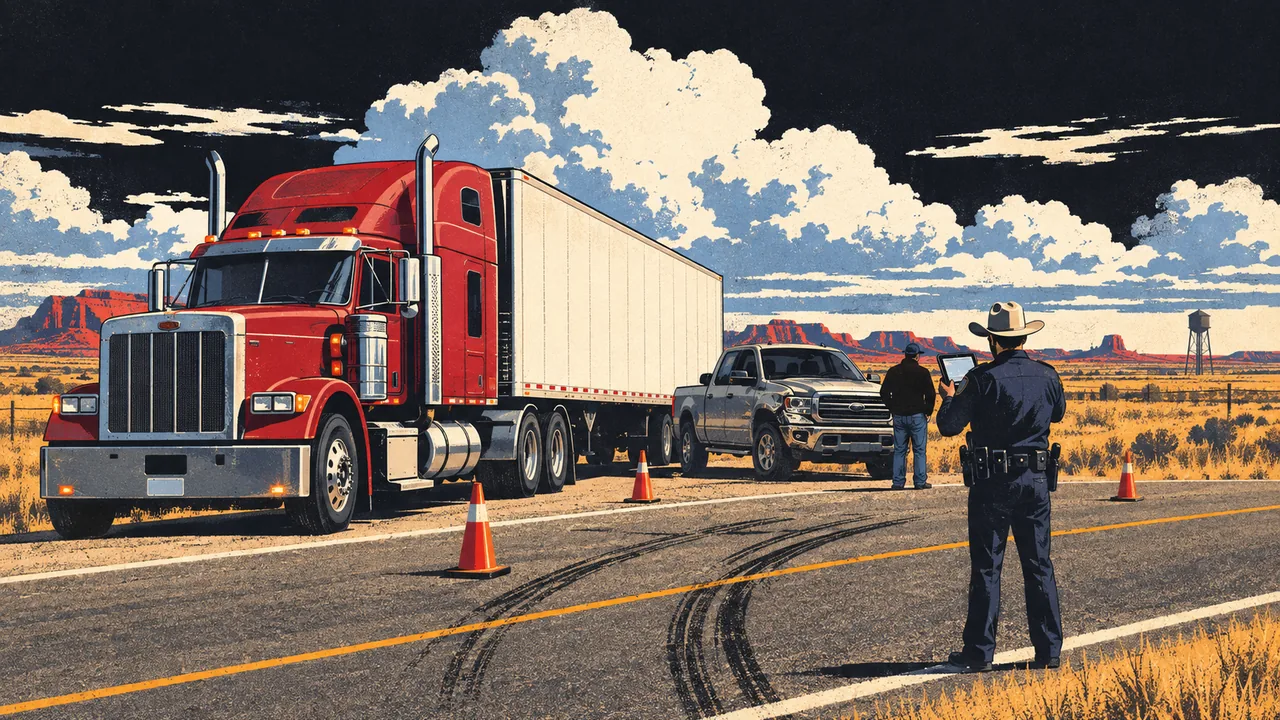 Stopped tractor-trailer and pickup truck on a flat Texas highway frontage road while an officer documents the scene