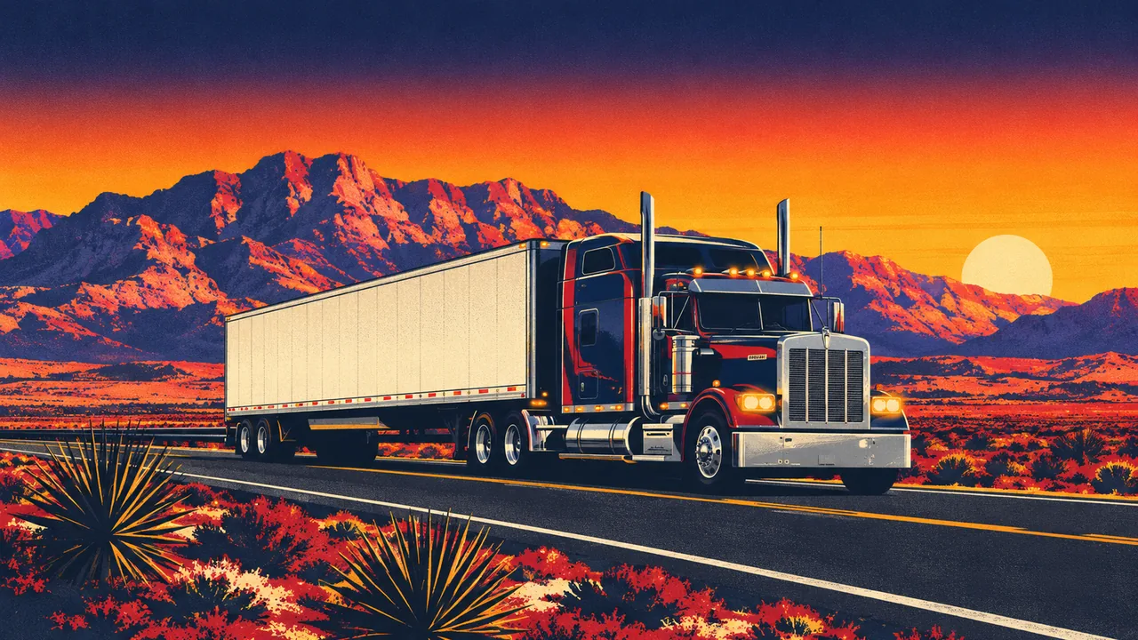 Long-haul semi-truck crossing the West Texas desert near El Paso at sunset