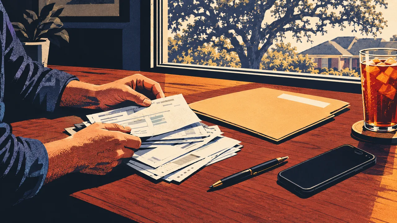 Hands sorting medical bills and a crash report folder at a home desk in Texas before speaking to an insurer