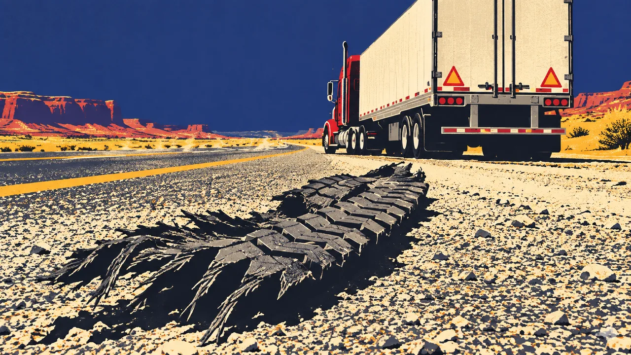 Shredded truck tire tread lying on a hot highway shoulder