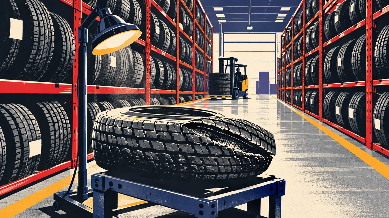 Rows of new commercial truck tires in a warehouse with one set aside for inspection