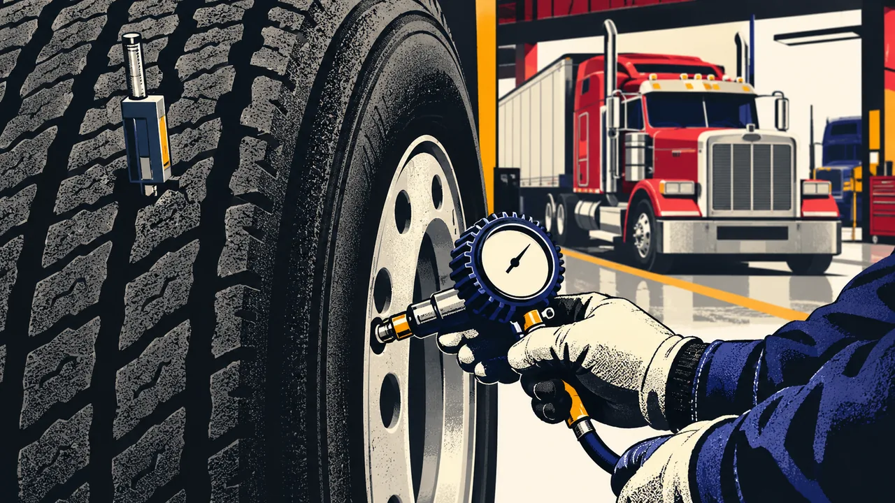 Technician checking truck tire pressure and tread depth with gauges
