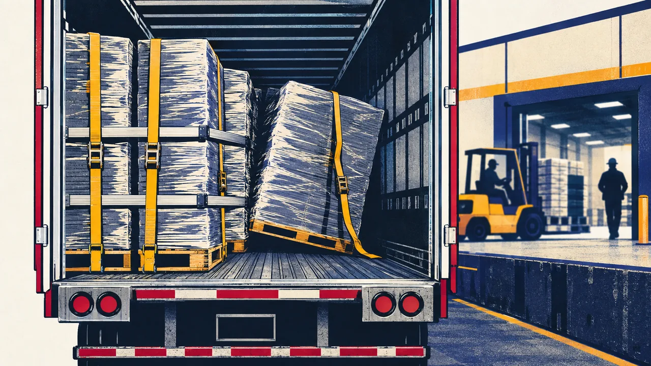 Inside a trailer at a loading dock showing strapped pallets with one shifted load