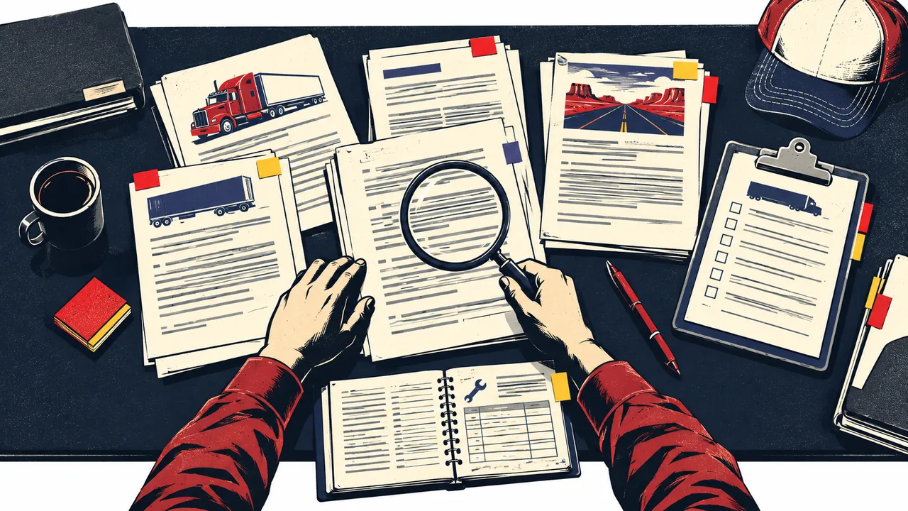 Investigative desk spread with leases, bills of lading, maintenance logs, and a magnifying glass