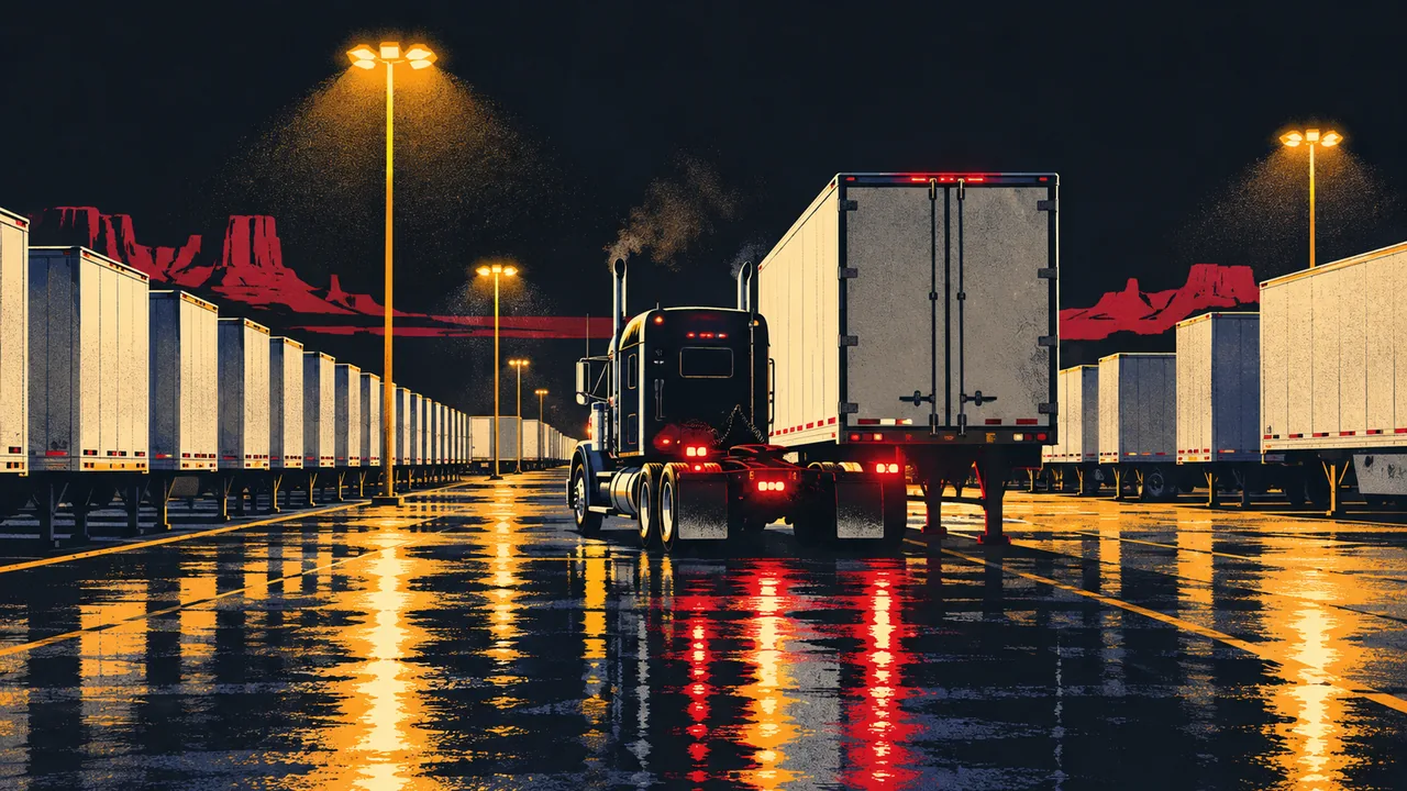 Tractor backing under one of many parked trailers in a drop yard at night