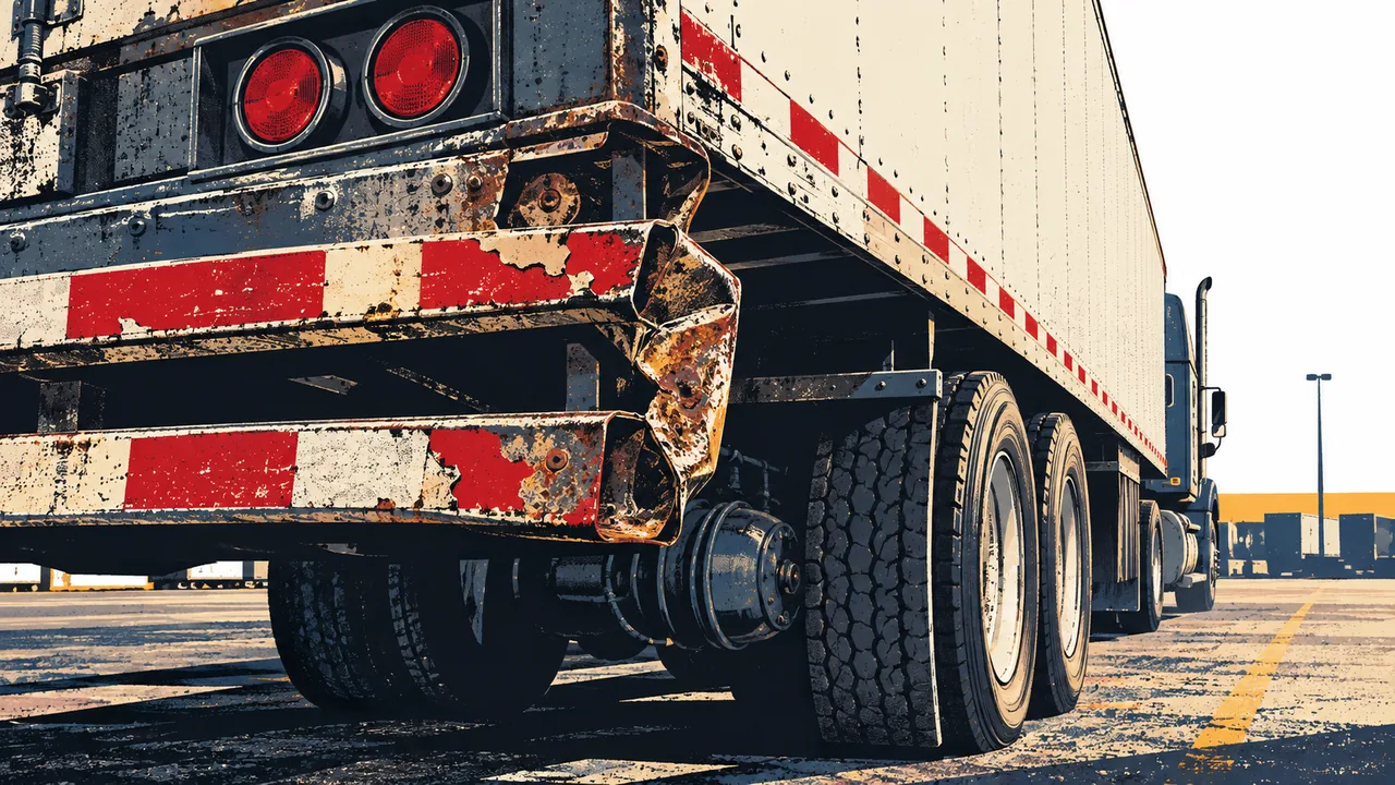 Low-angle close-up of a trailer's rusted rear impact guard, worn reflective tape, tires, and brake chamber