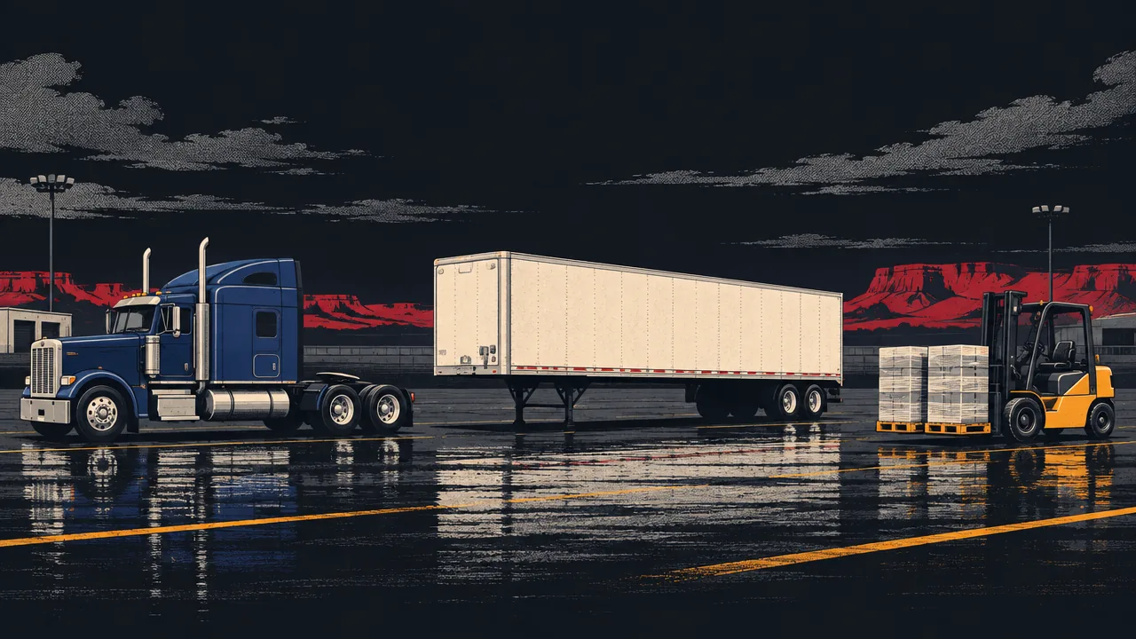 Tractor unit uncoupled from a separate trailer in a freight yard with cargo pallets on a forklift nearby