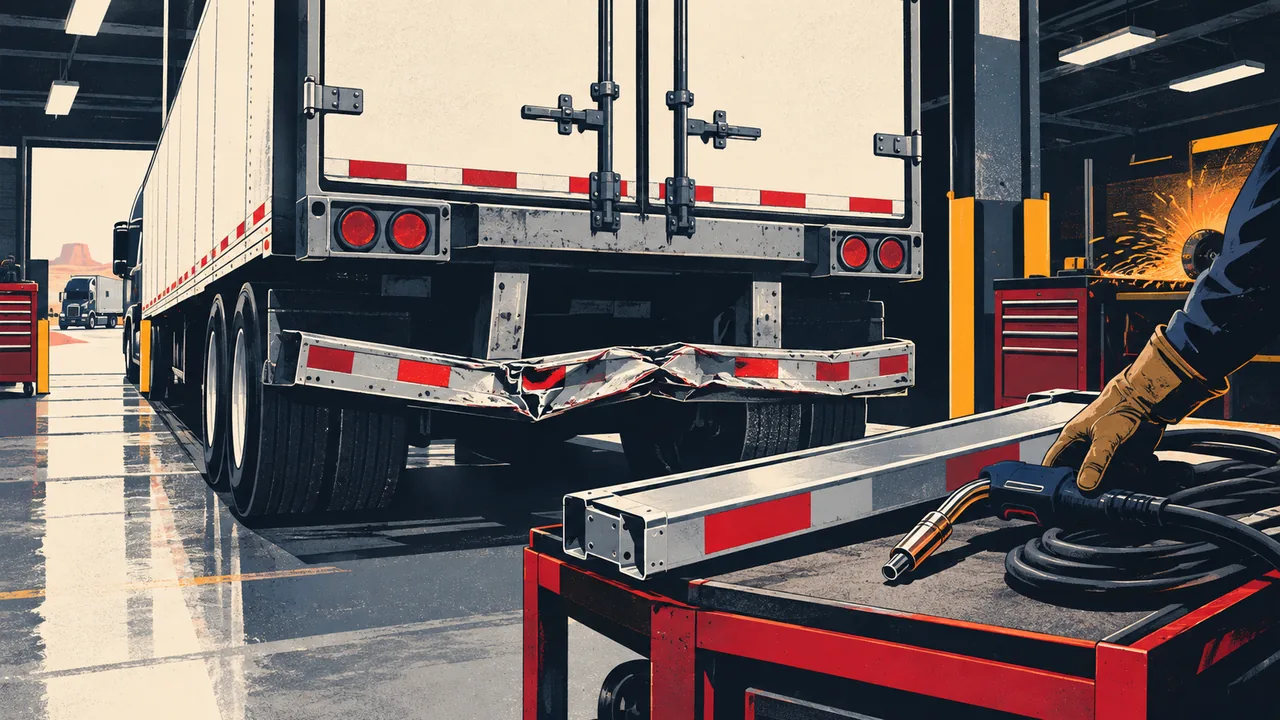 Damaged semi-trailer rear guard in a repair shop bay with a welder's torch nearby