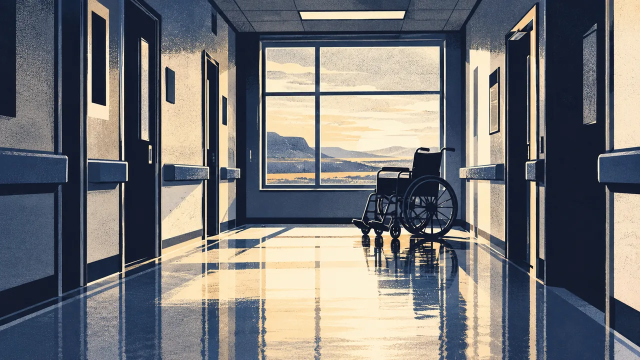 Empty hospital corridor with soft light and a single wheelchair by a window