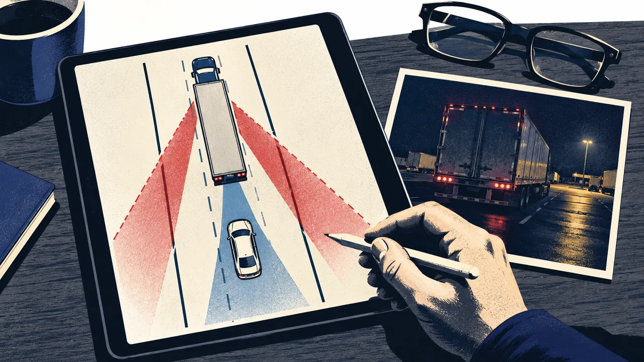 Accident reconstruction diagram on a tablet over a printed night-scene photo of a trailer