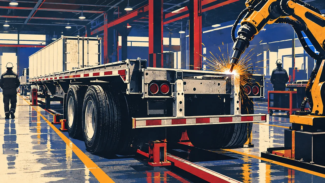 Trailer manufacturing plant with robotic welders assembling a rear guard frame