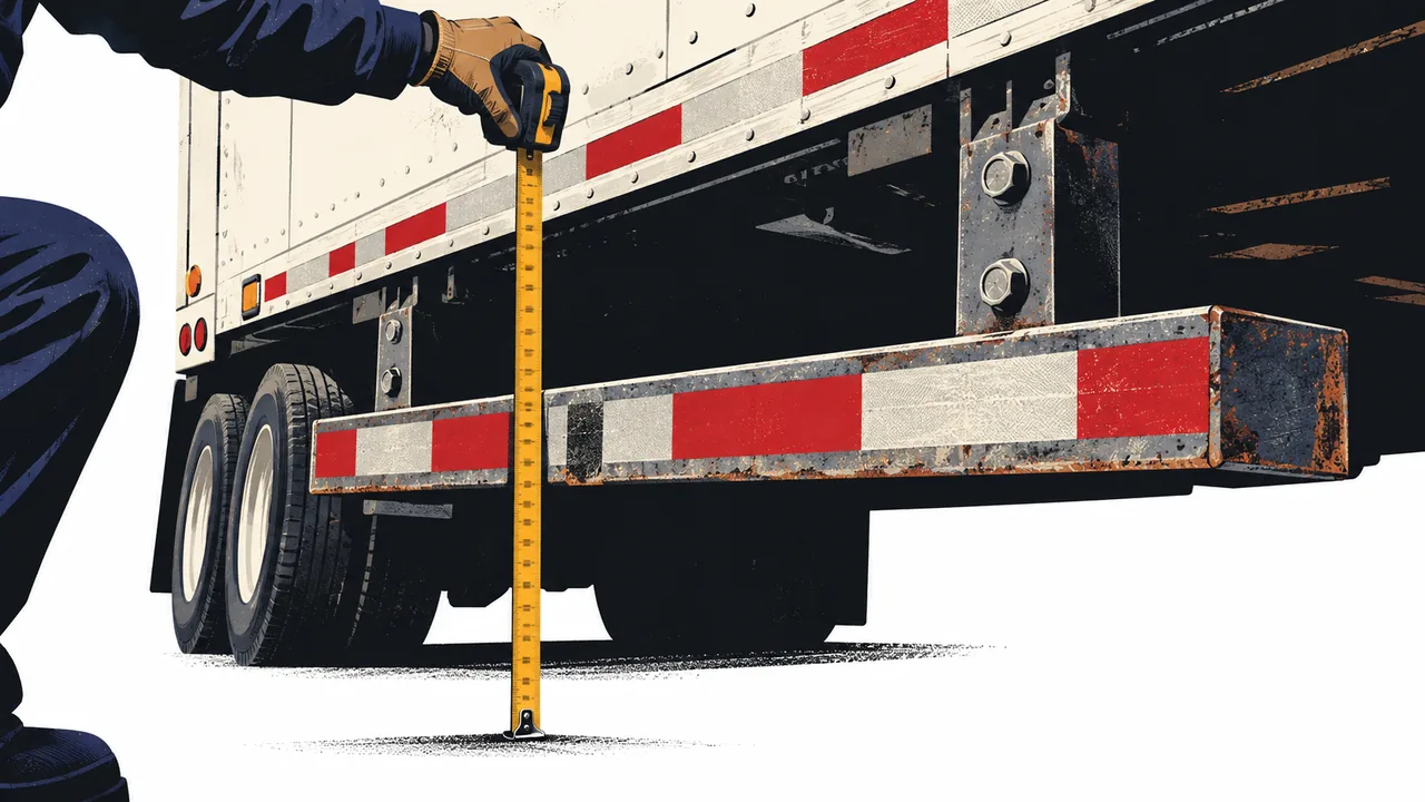 Close-up of a steel rear impact guard under a trailer with a measuring tape showing its ground clearance