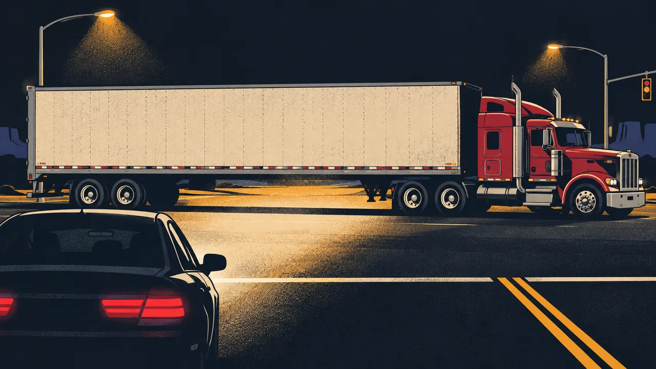 Semi-trailer at a night intersection with a sedan's headlights revealing the empty space beneath its side