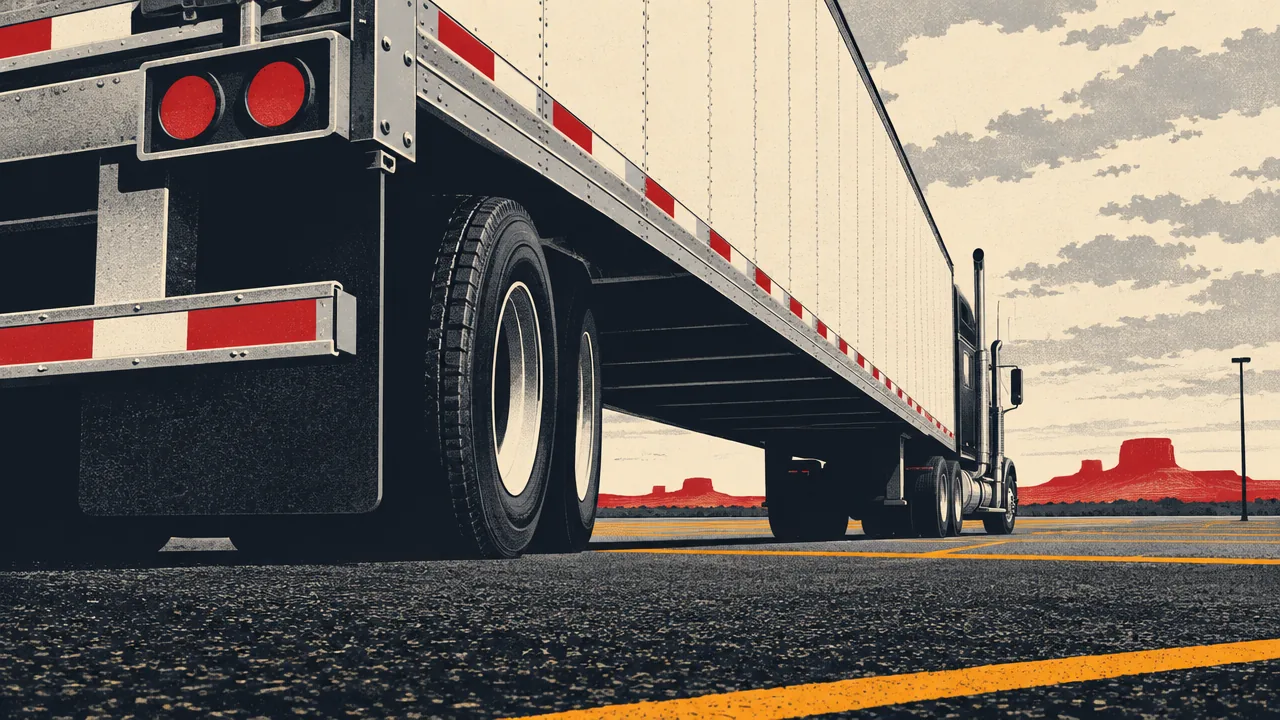 Low-angle view along the side and rear of a semi-trailer showing the open gap beneath it
