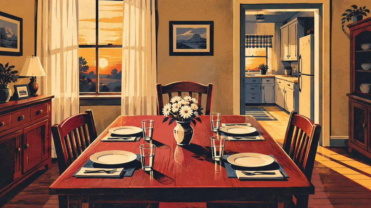 Empty chair at a family dinner table set for a meal in evening light
