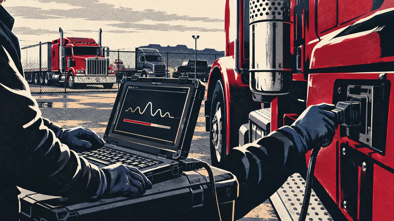 Investigator's gloved hands downloading truck data to a laptop inside a secured tow yard