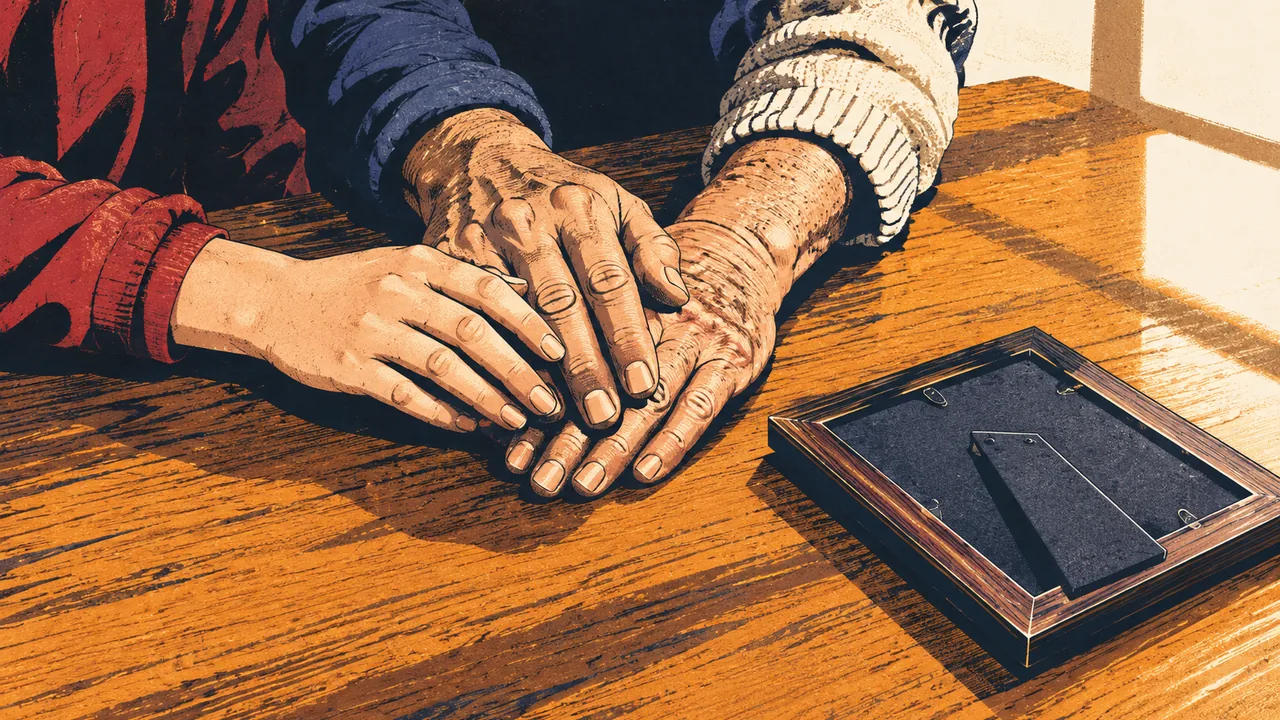 Family's hands resting together on a kitchen table in soft window light