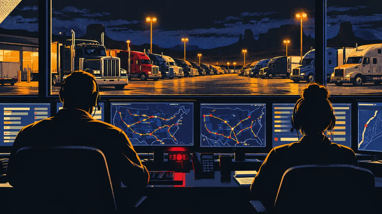 Night-time trucking dispatch office with anonymous dispatchers at monitors overlooking a truck yard