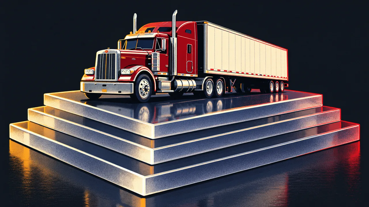 Scale model semi-truck resting on stacked translucent layers on a navy desk