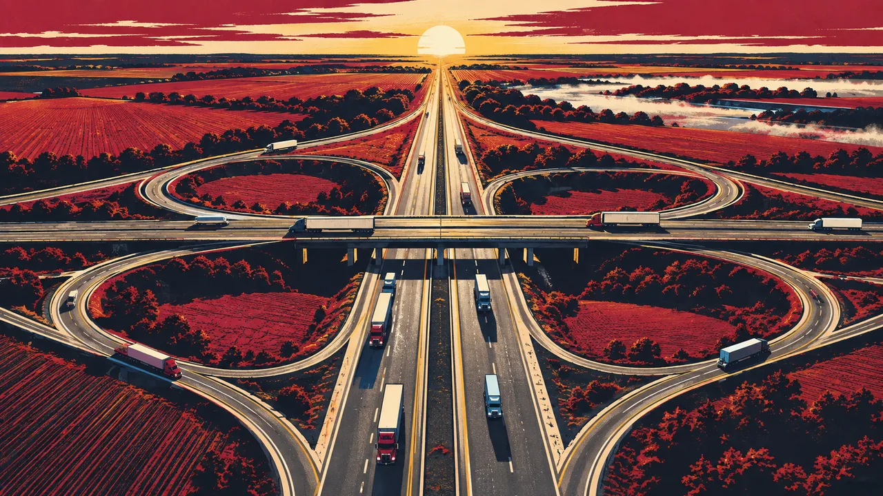 Aerial view at dawn of 18-wheelers traveling through a large interstate cloverleaf interchange surrounded by farmland