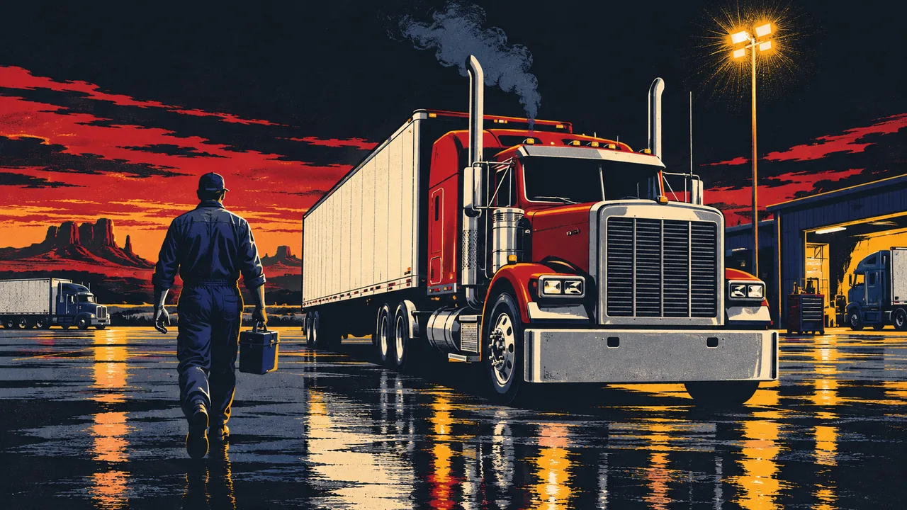 Mechanic walking away from a repaired tractor-trailer in a truck yard at dusk