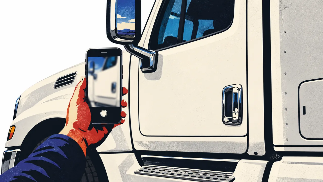 Hand holding a smartphone to photograph the door of a semi-truck cab on a highway shoulder