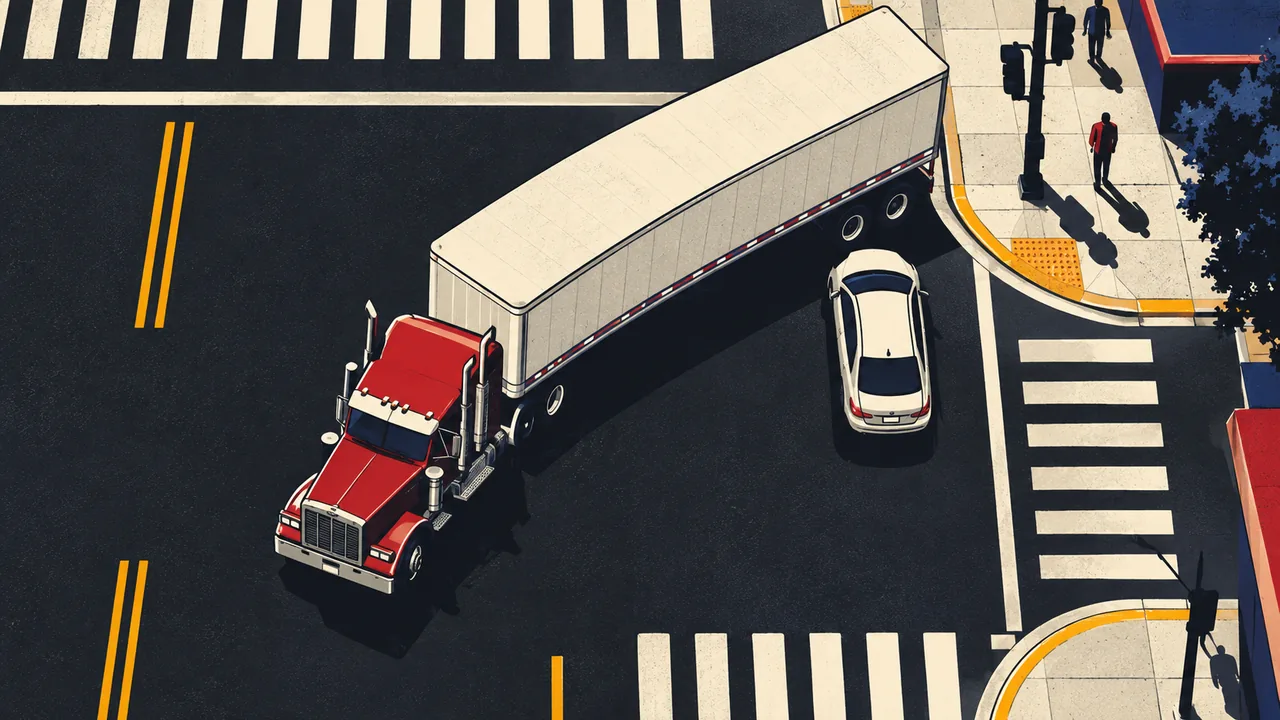 Overhead view of a tractor-trailer swinging wide into a right turn with a car beside it at the curb
