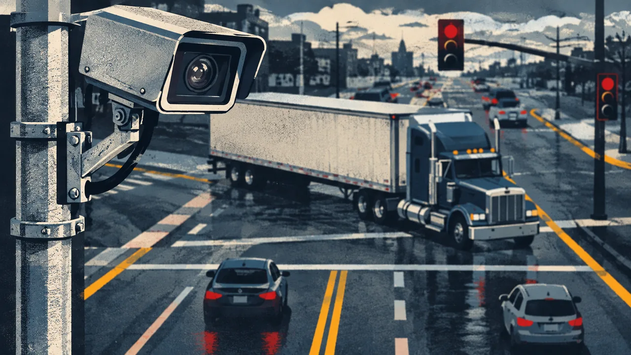 Traffic camera mounted on a pole overlooking a busy intersection with a turning truck
