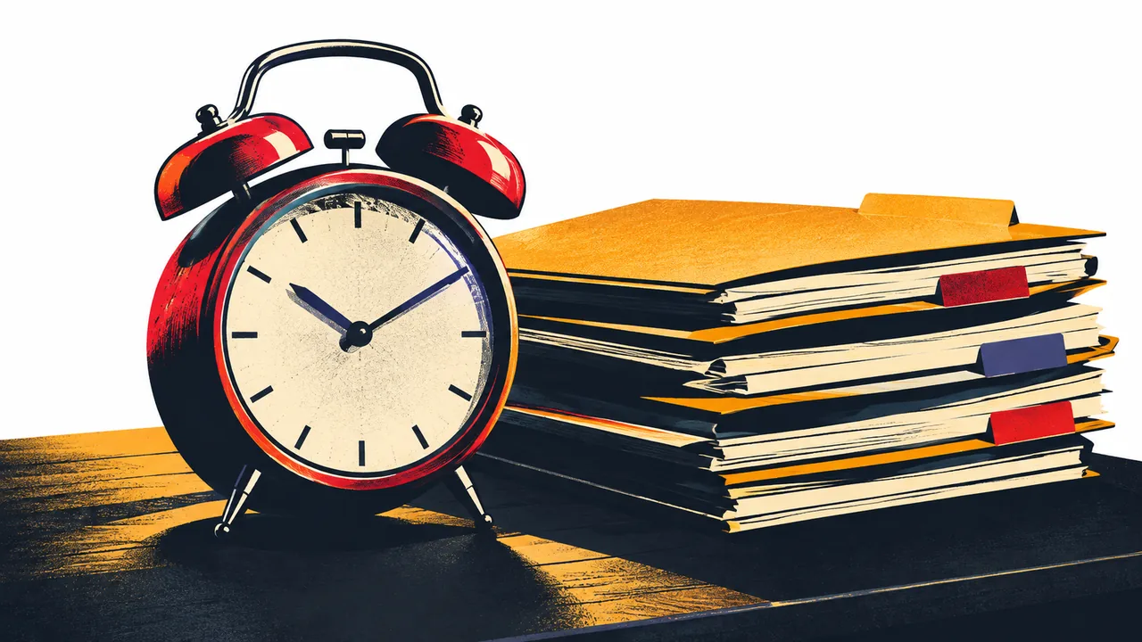 Classic analog alarm clock on a desk beside a stack of legal folders
