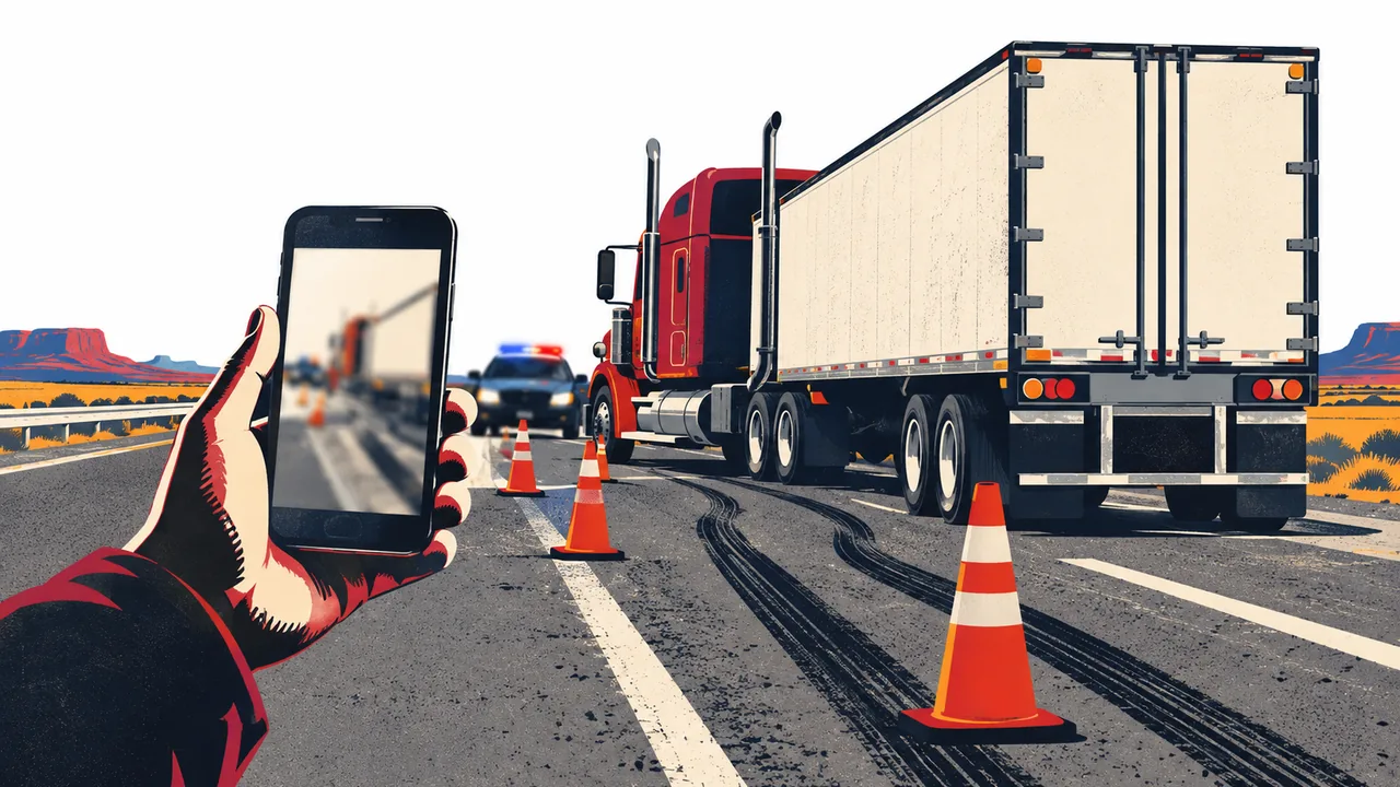 Hand holding a phone photographing a stopped semi-truck and skid marks on a highway shoulder