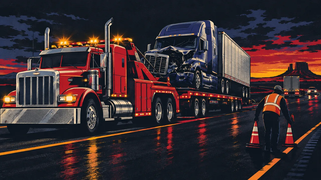 Tractor-trailer leaving a crash scene on a flatbed tow at dusk