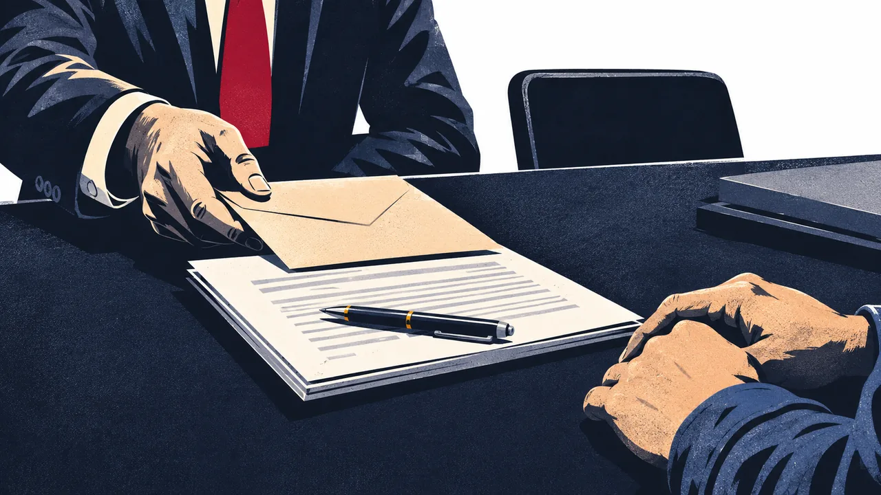 Unopened settlement envelope and a medical release form slid across a table toward a person