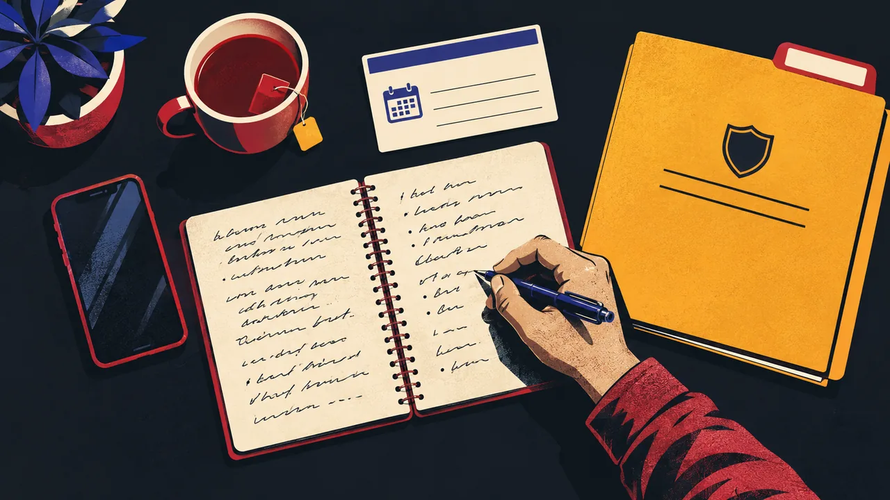 Kitchen table with a symptoms journal, appointment card, police report folder, and phone